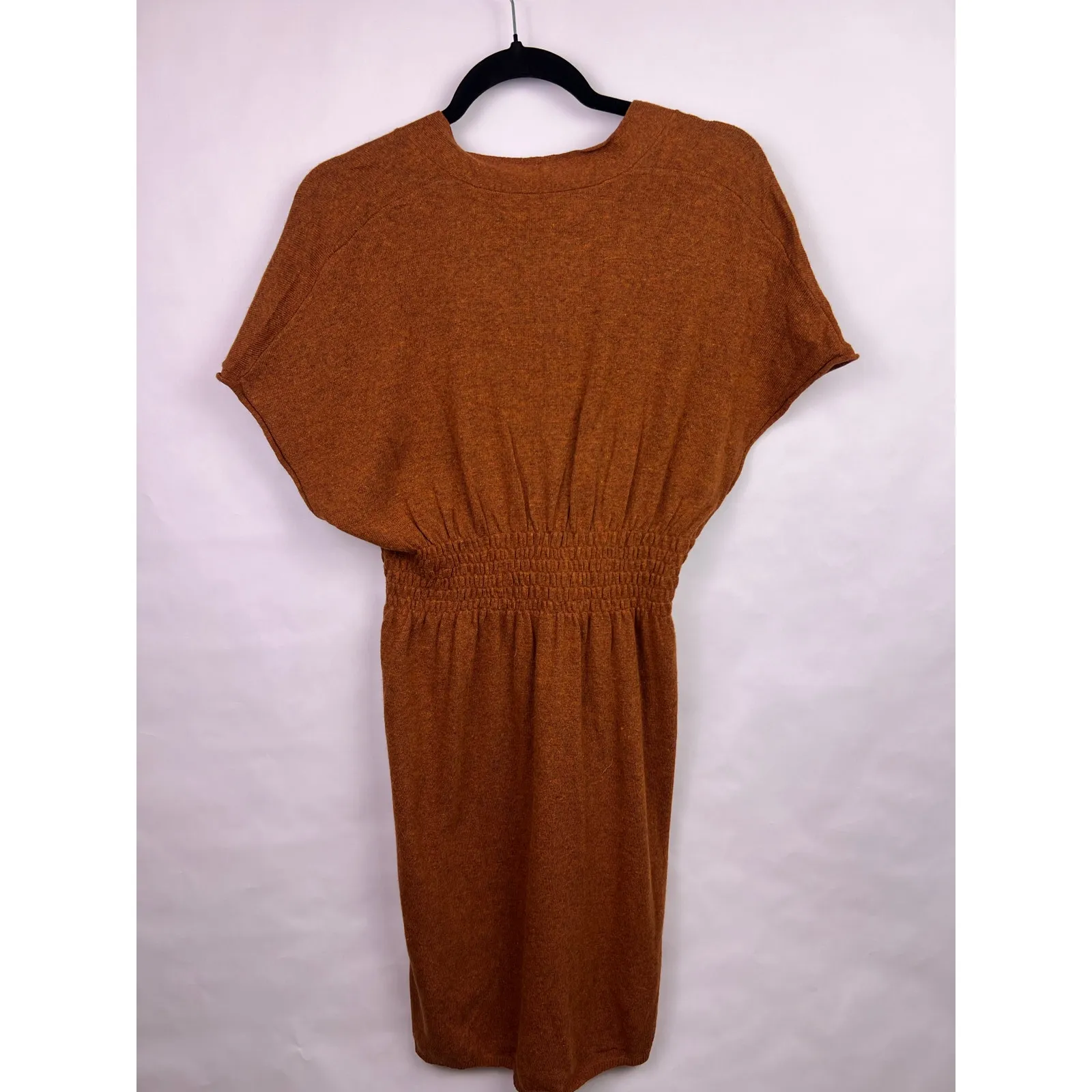 Sparrow Sweater Dress Rust Knit Smocked Waist V Neck Short Sleeve Boho Fall M Orange Size M - Image 2