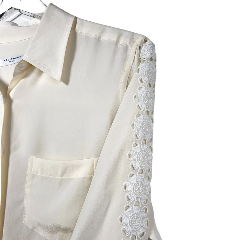 Equipment Femme Silk Floral Cut Out Embroidered Sleeves Button Up Top in Ivory - Image 3