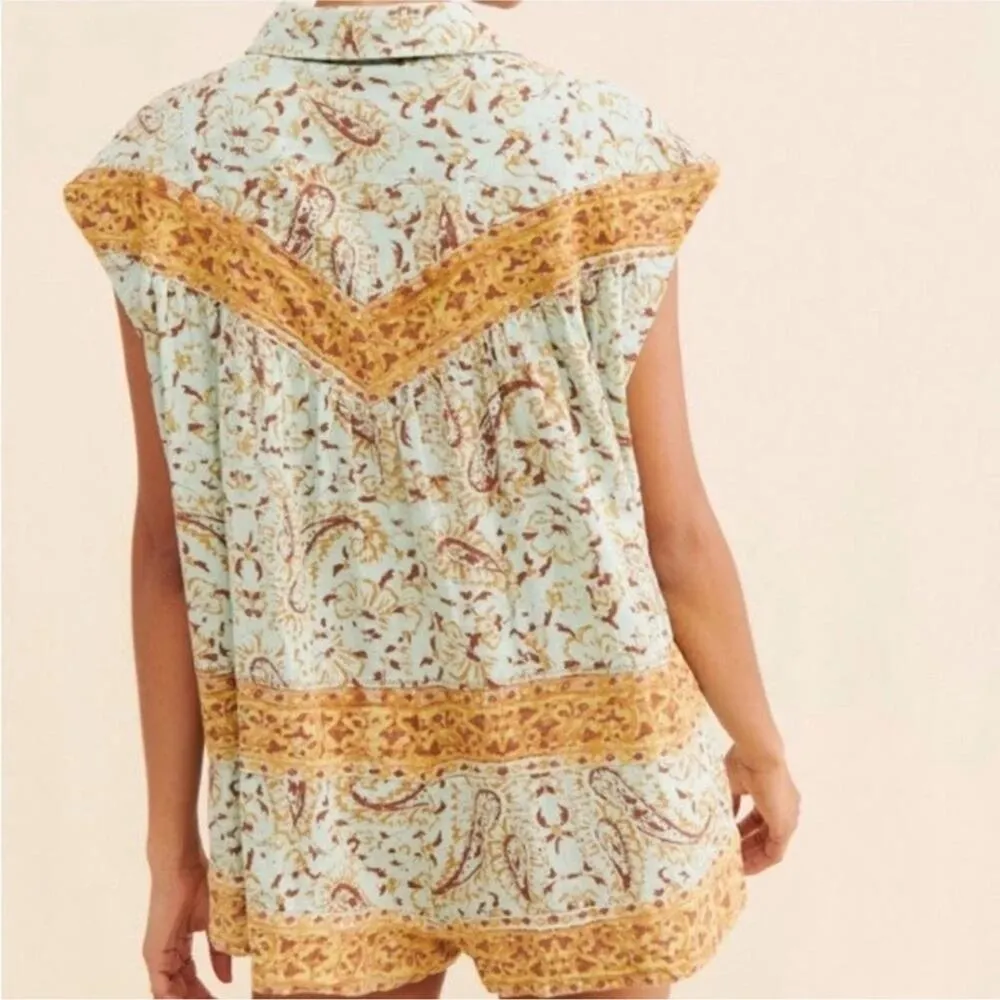 Free People Women’s Telly Collared Teal Hot Shorts Boxy Button Front Romper XS - Image 7