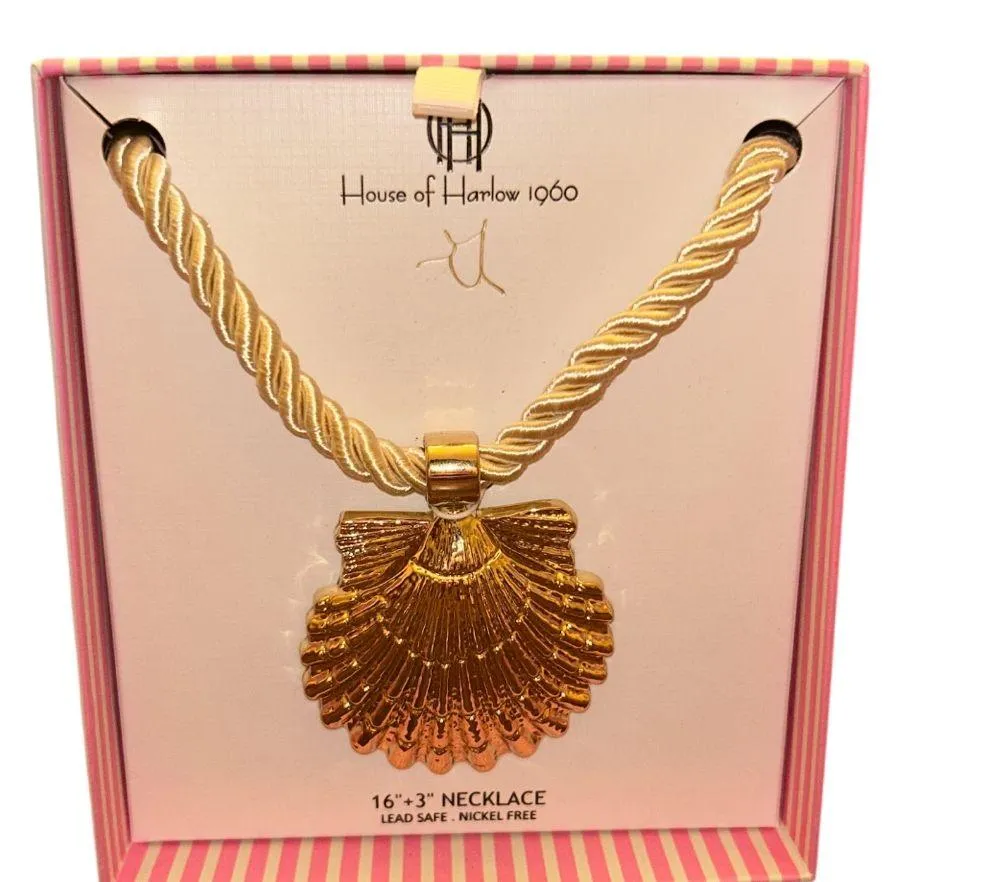 House of Harlow 1960 Statement Gold Shell Pendant Necklace on Cream Rope Cord - Image 4