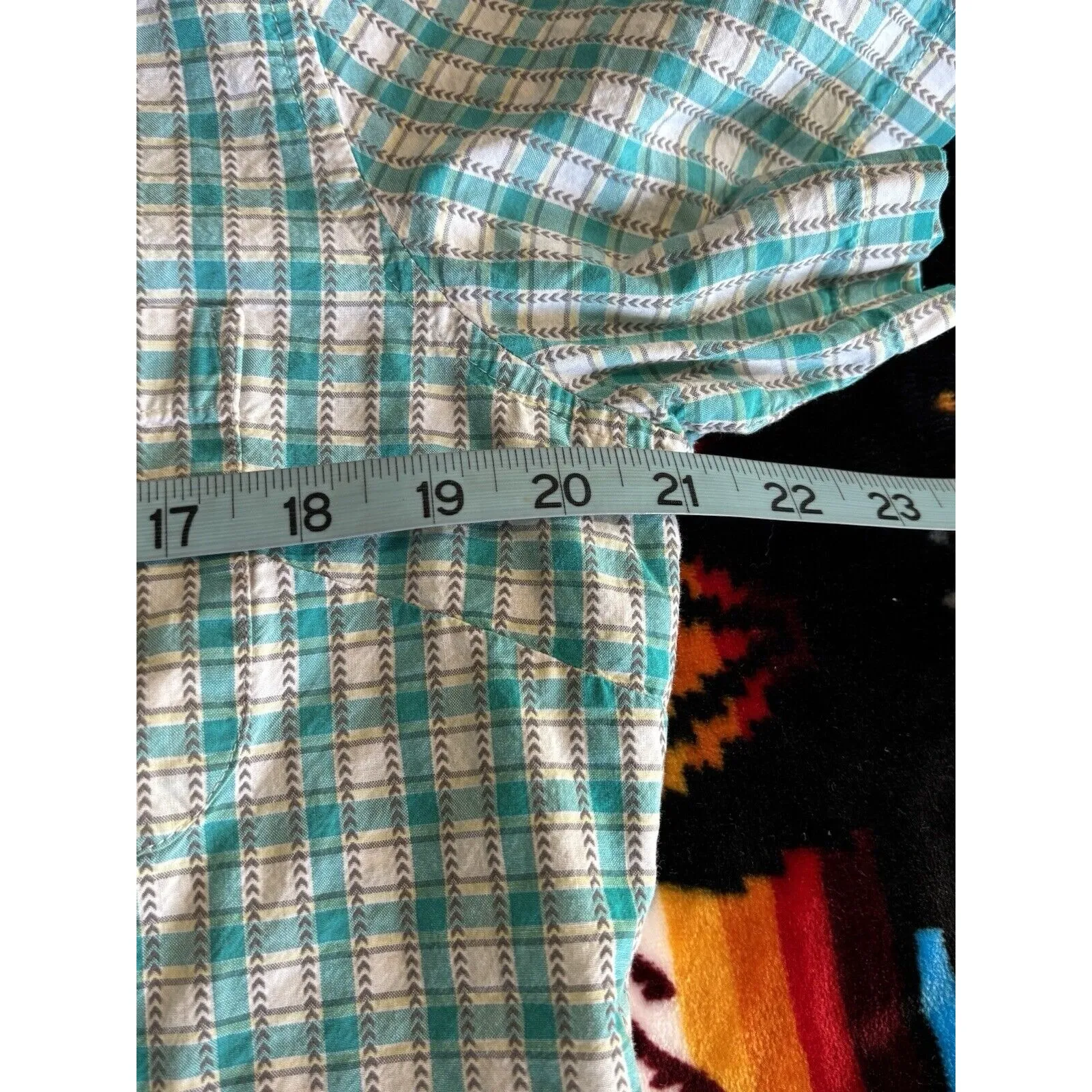 Riders By Lee Short Sleeve Shirt Teal/White Plaid Size Medium Button Up Knit - Image 5