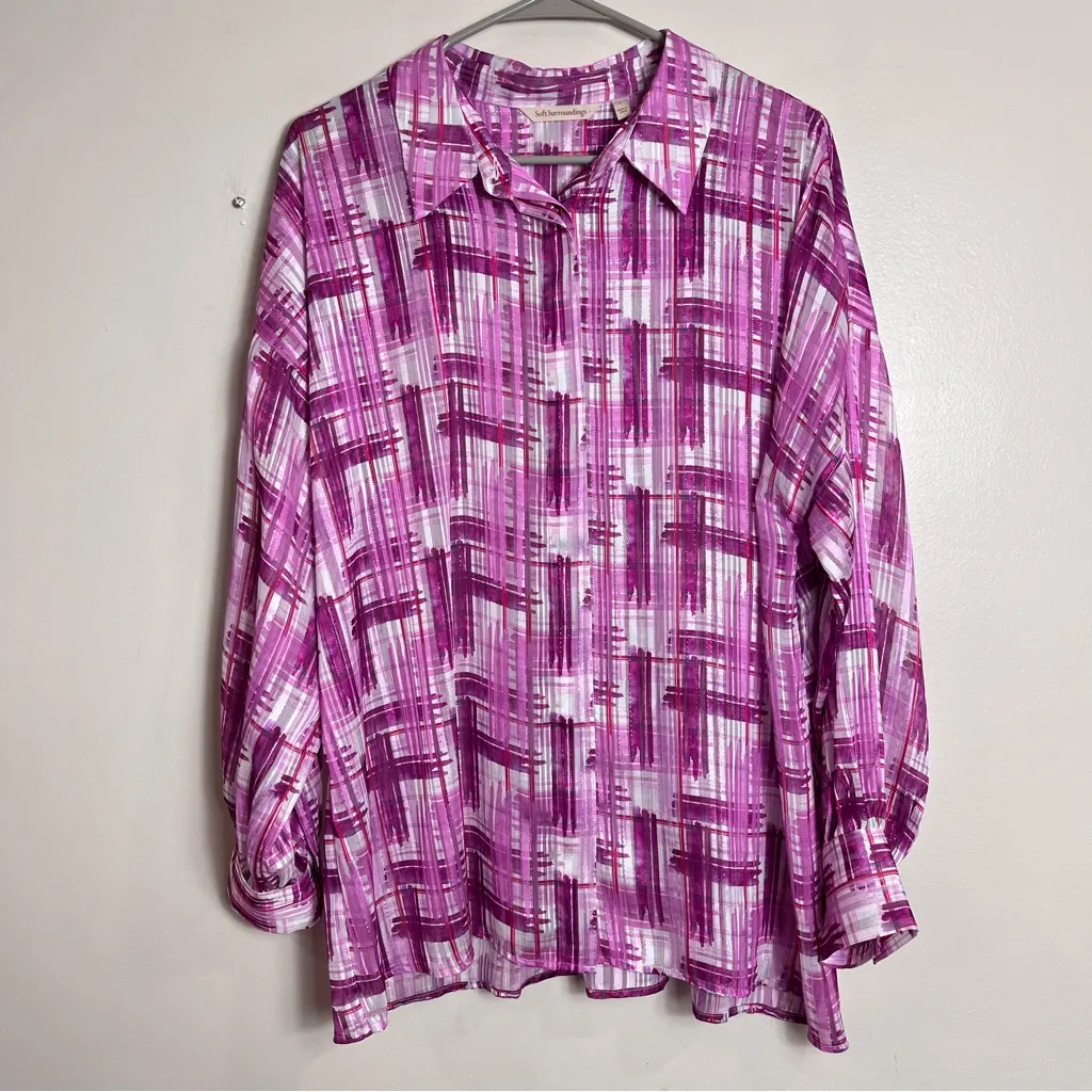 Soft Surroundings Magenta Pink Metallic Button Front Porta Top‎ LARGE - Image 3