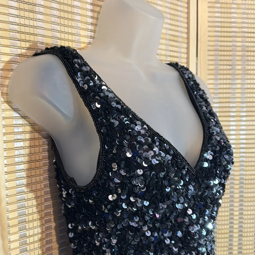 La Nuit Vintage 1970s 1980s Heavy Beaded Sequined Sparkly Black Tank Top Small? - Image 4