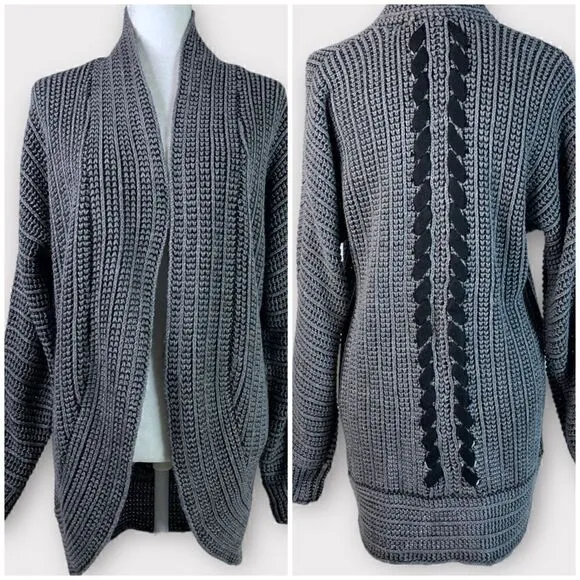 Pink Rose Back Ribbon Detail Chunky Cocoon long Cardigan Sweater (Grey) - Small - Image 2