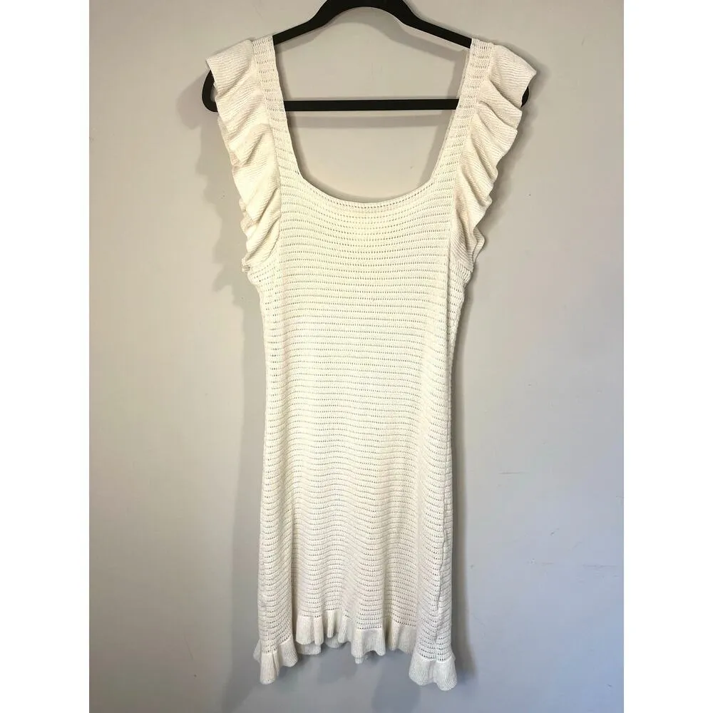 Anthropologie Ruffled Pointelle Knit Mini Dress Square Neck Ivory Cream Womens S - Image 5