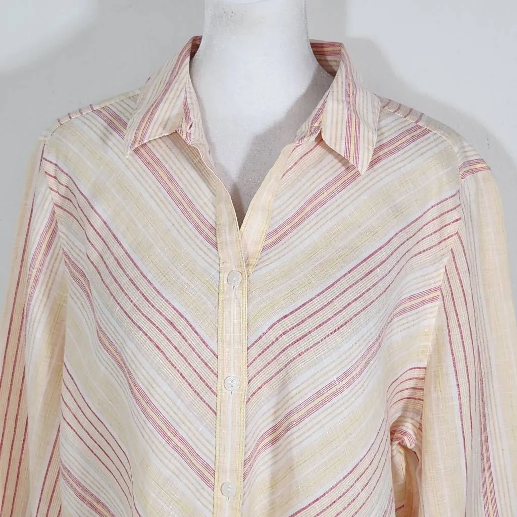 Chico's Yellow and Red Stripe Linen Button-Down Blouse Size Large - Image 3