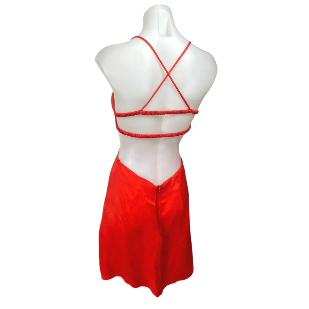 Zara Red Sleeveless Silk Satin-Effect Cutout Cross Back Knot Slip Mini Dress S - Image 4