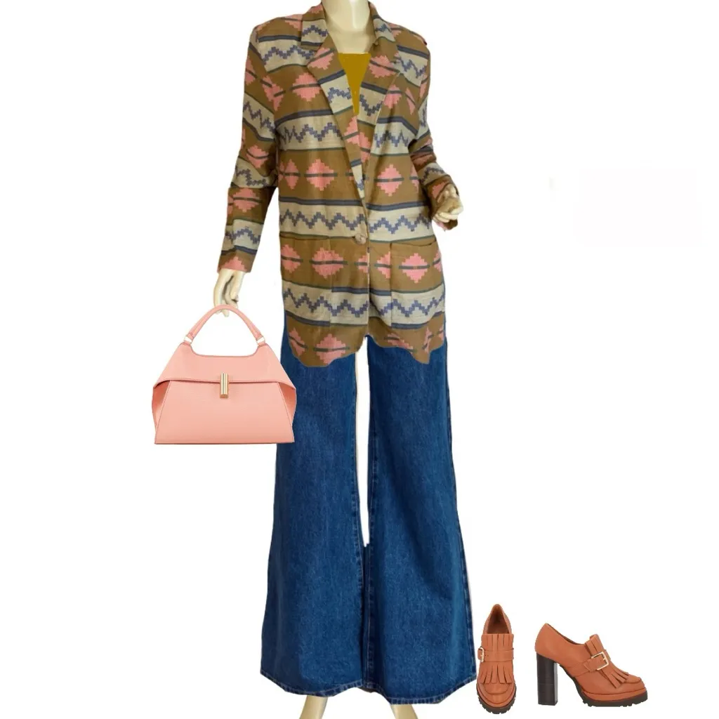 VINTAGE 1990'S BROWN, BLUE AND PINK PAUL HARRIS SOUTHWEST COTTON BLAZER (S) Brown - Image 2