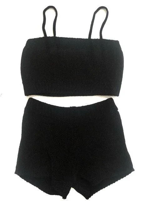 Knitted Crop Top And Shorts Lounge Set Black S - Image 3