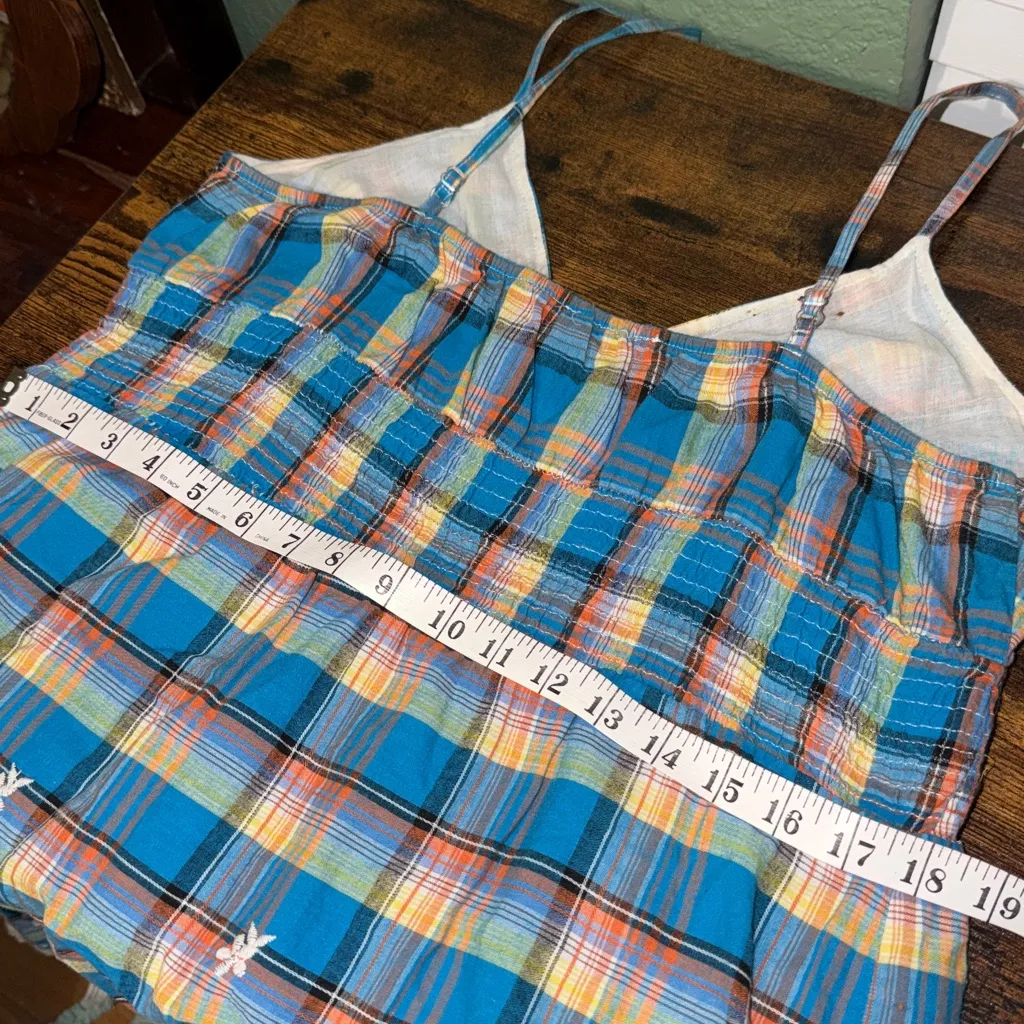 Vintage Plaid Spaghetti Strap Dress with floral embroidery and eyelet lace Blue Size M - Image 6