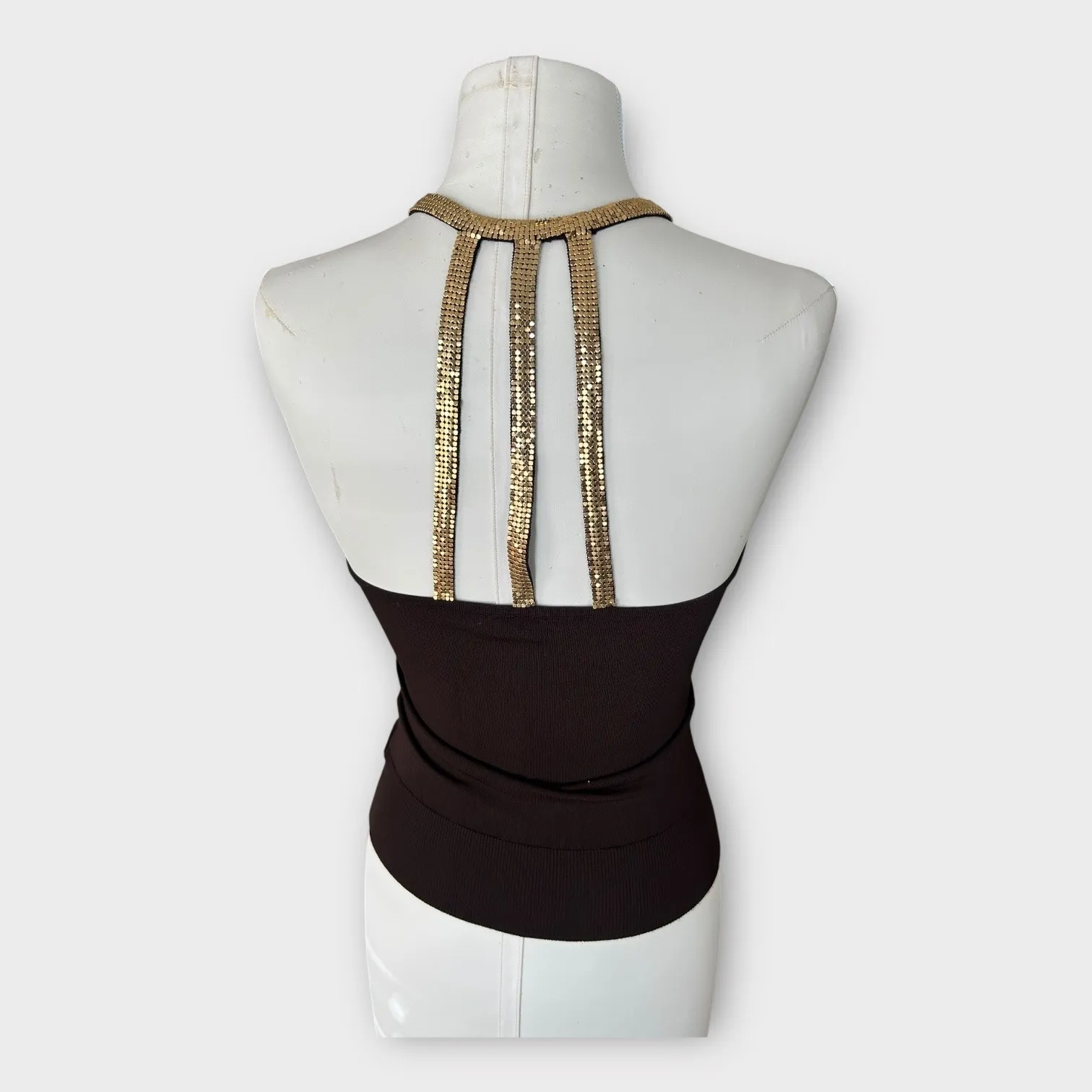 Vintage Y2K bebe Halter Top & Cardigan Set with Gold Chain Trim Brown Sz S/M - Image 10