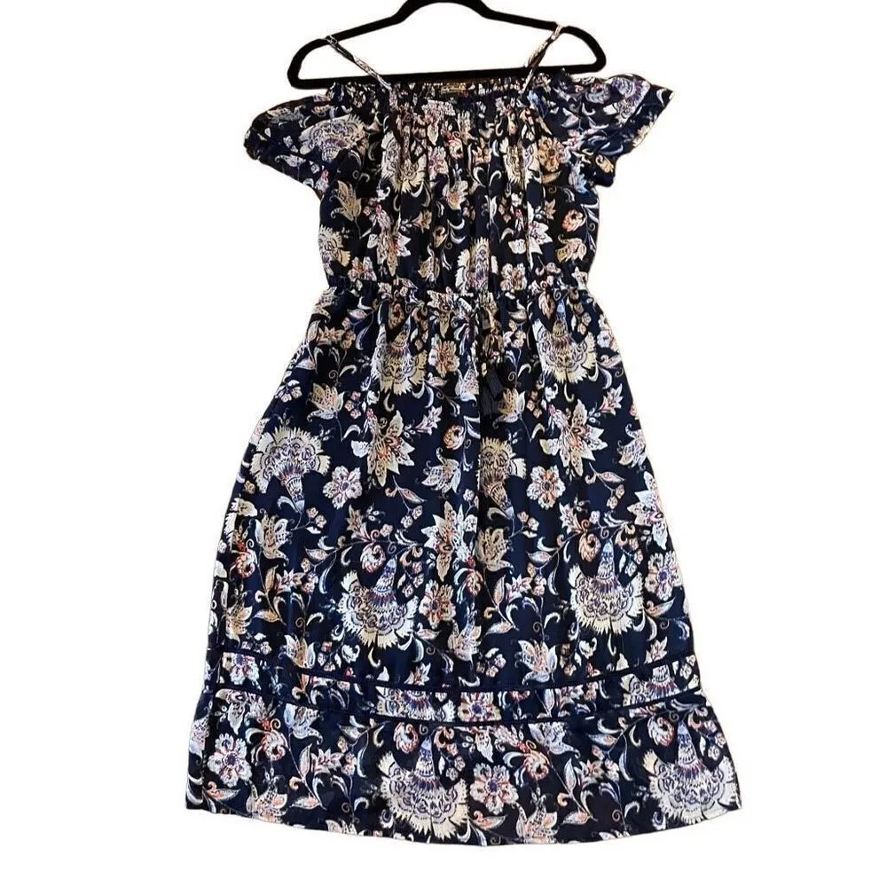Lucky Brand navy floral ruffled off shoulder dress size m - Image 3