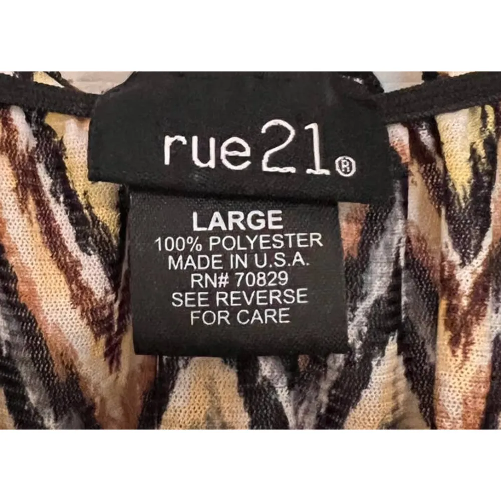 Rue 21‎ Midriff Blouse Elastic Waist & Sleeves Size L Brown Yellow White Chevron - Image 3