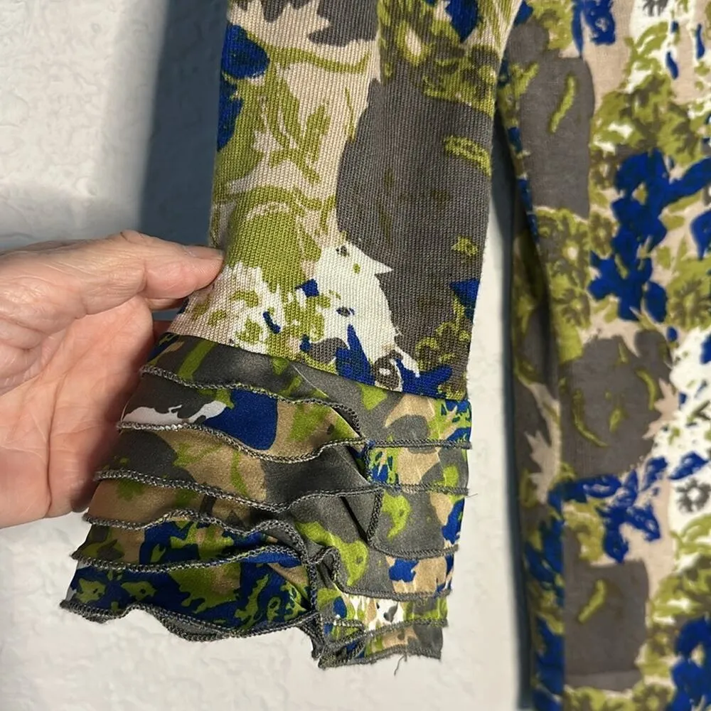 Vintage Green Camo Ruffle Full Zip Cardigan Twelve By Twelve LA Indie Artsy Boho Size M - Image 2