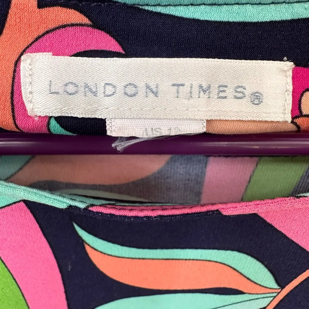 London Times Dress 3/4 Sleeve Knee Length-Sz 12 Navy Pink-Flower Flourish Swirl - Image 3