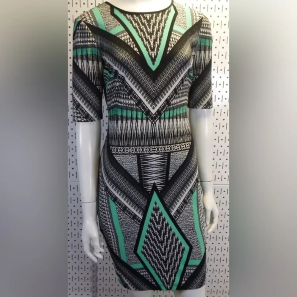 Bisou Bisou Black and Green Geometric Long Sleeve Dress Size 8 - Image 2