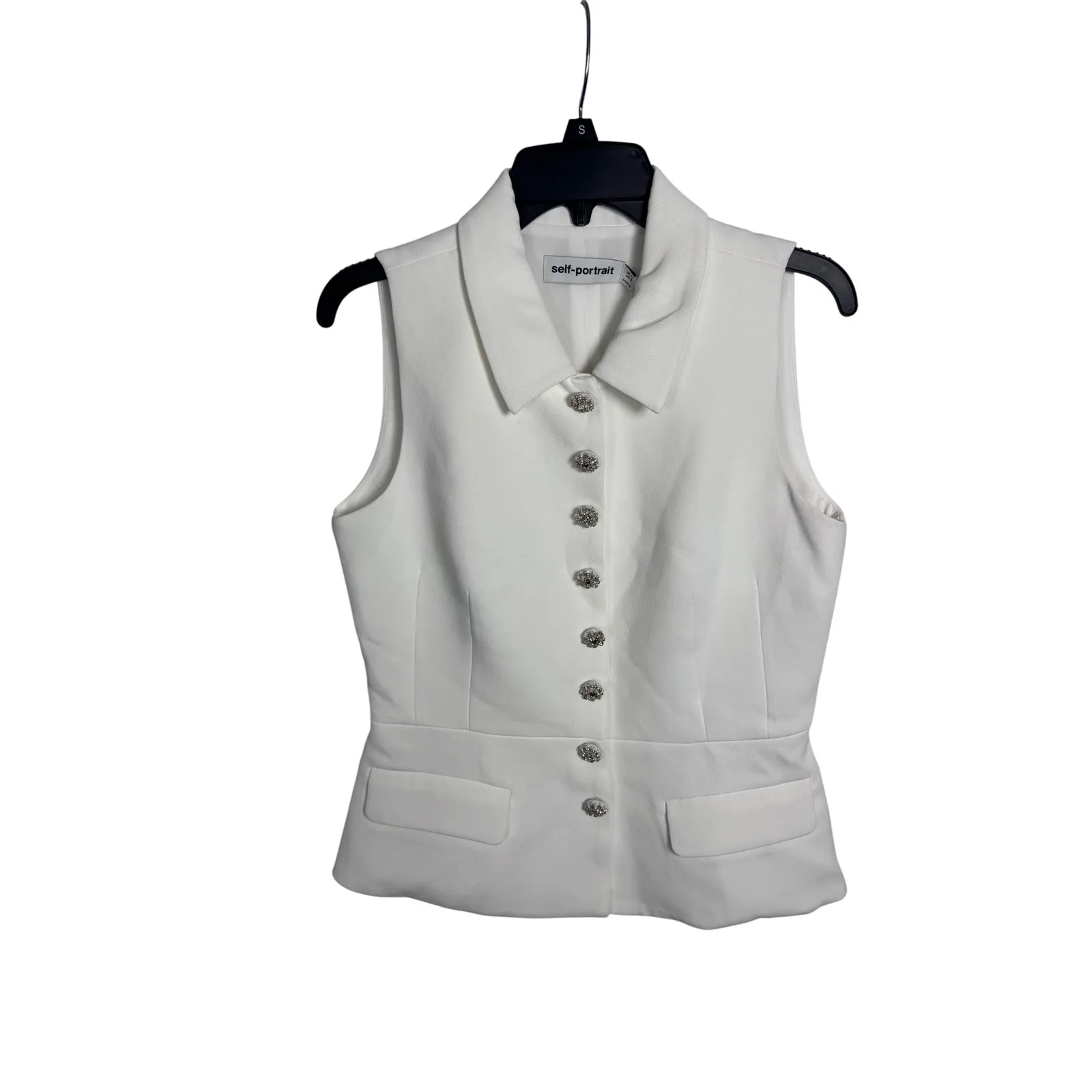 Self Portrait White Sleeveless Vest Blazer Crystal Embellished Buttons US 8 - Image 5