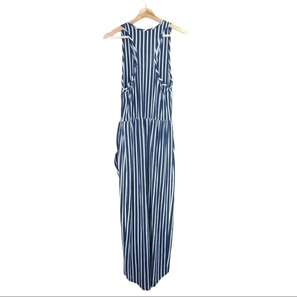 Anthro. Sundays in Brooklyn - Navy / White Striped Asymmetrical Faux Wrap Dress - Image 2