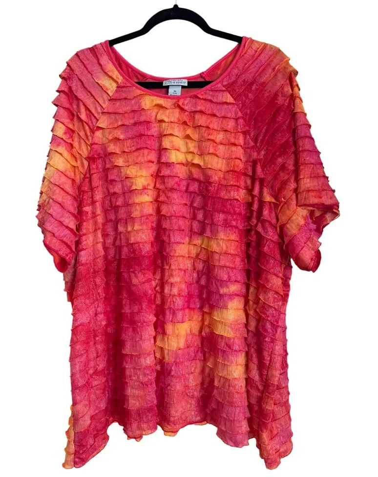 Maggie Barnes Catherines 3X Pink Orange Ruffled Layers Top Stretch Shimmery - Image 1