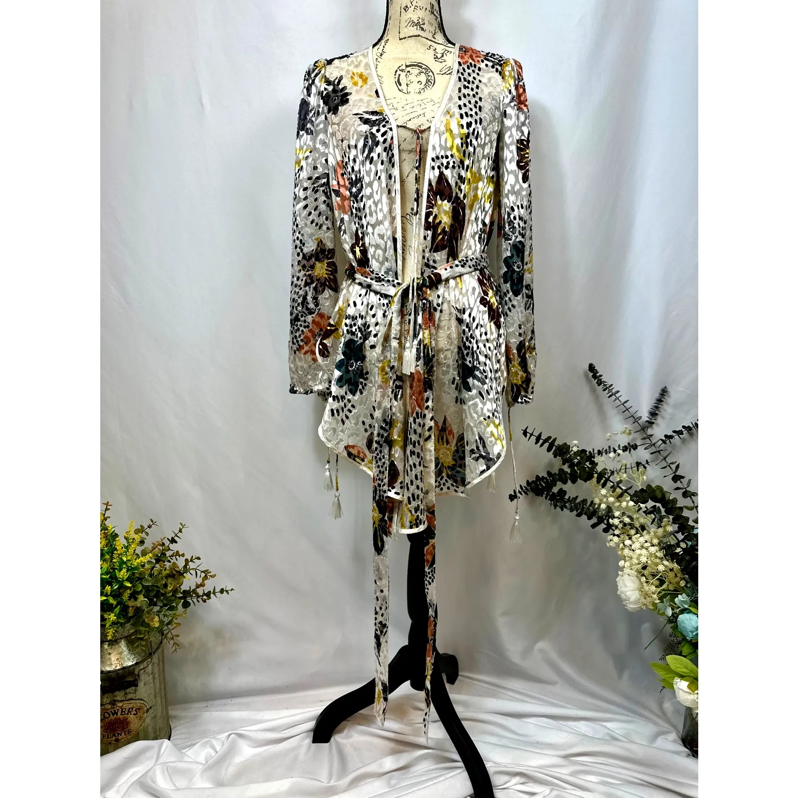 Free People Floral Print Cropped Silk Blend Burnout Kimono XS - Image 5