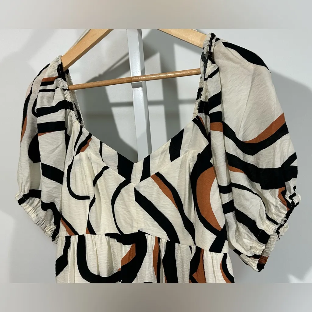 Nine West Abstract Print Puff Sleeve Mini Dress – Cream, Black & Rust, Size L - Image 5