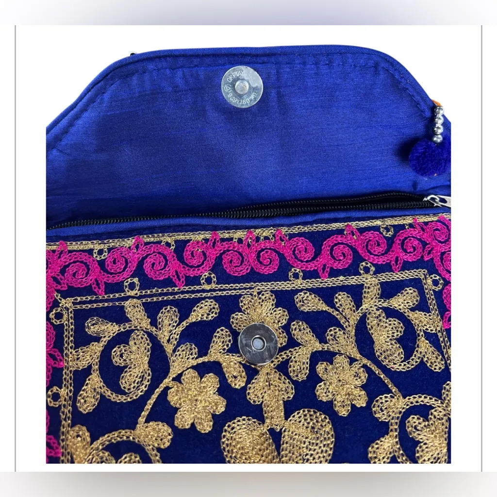 Artisan Ethnic Pom Pom Embroidered Shoulder Bag Hot Pink Blue Boho Crossbody - Image 5