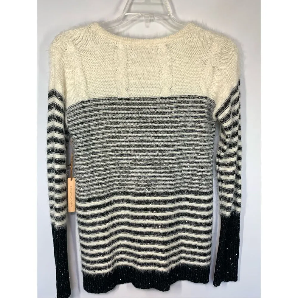 Box 001 Gibson Latimer Women's Striped Sequin Knit Sweater Black White Size Medi - Image 9