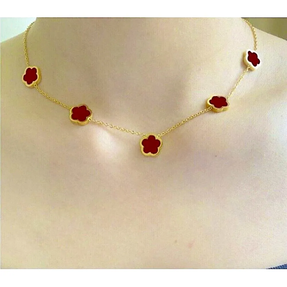 18k Gold Plated RED Clover Necklace SET flower Stainless Steel womens jewelry - Image 4