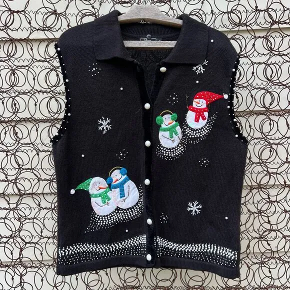 Vintage 90s Snowmen Winter Christmas Ugly Sweater Vest Black Applique XL - Image 1