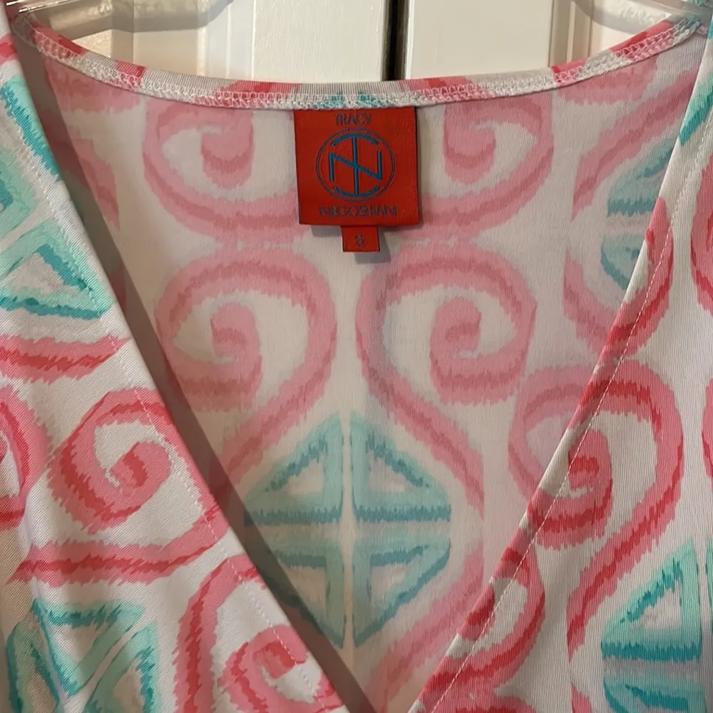 Faux Wrap V Neck Dress Watercolor Swirl Patterned - Image 9