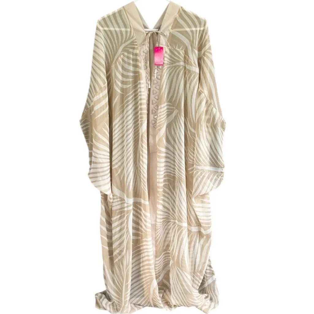 NWT Vince Camuto Palm Print Semi-Sheer Beaded Duster / Long Line Cover-Up Top - Image 2