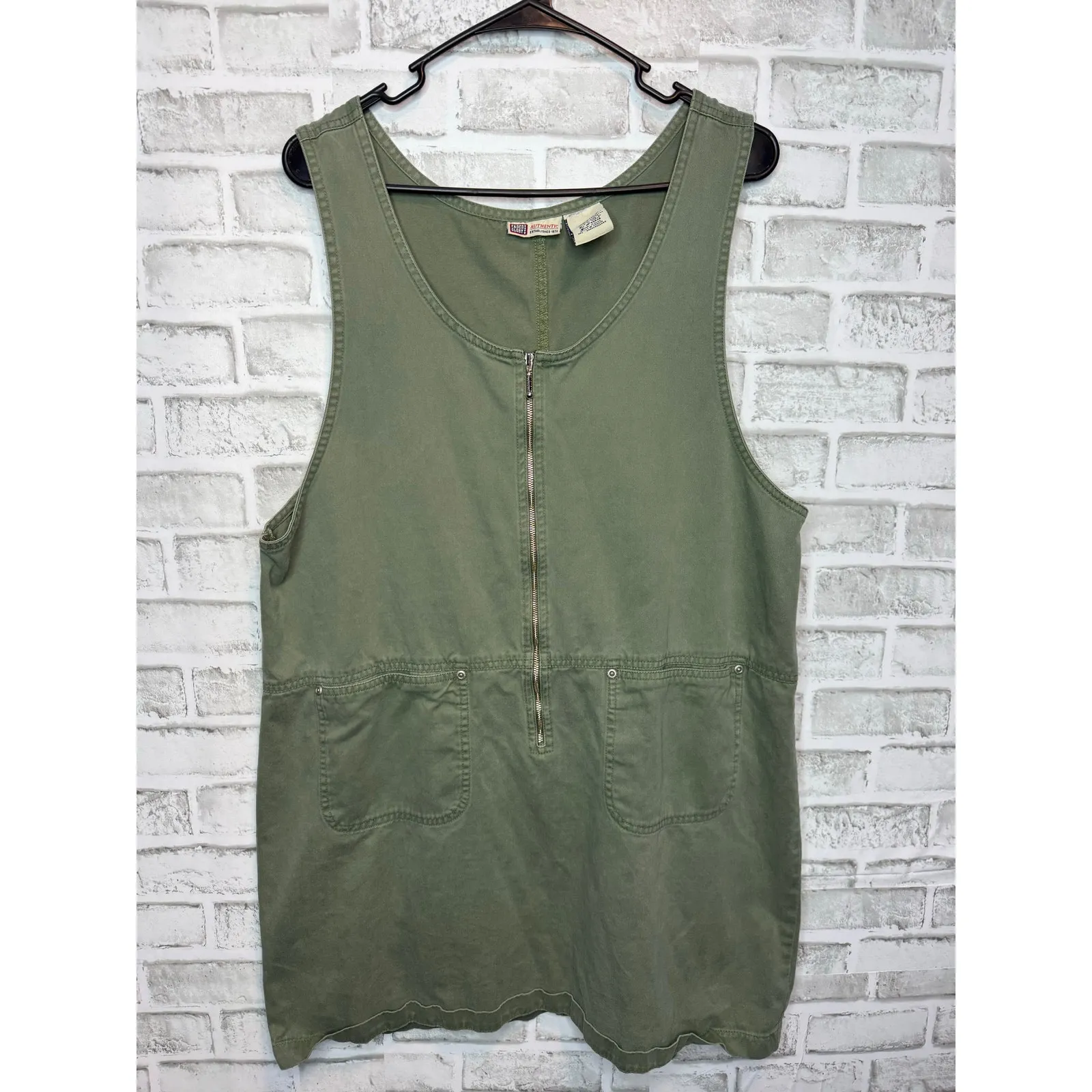 Vintage Faded Glory Olive Green Utility Zip Dress 100% Cotton Size L - Image 2