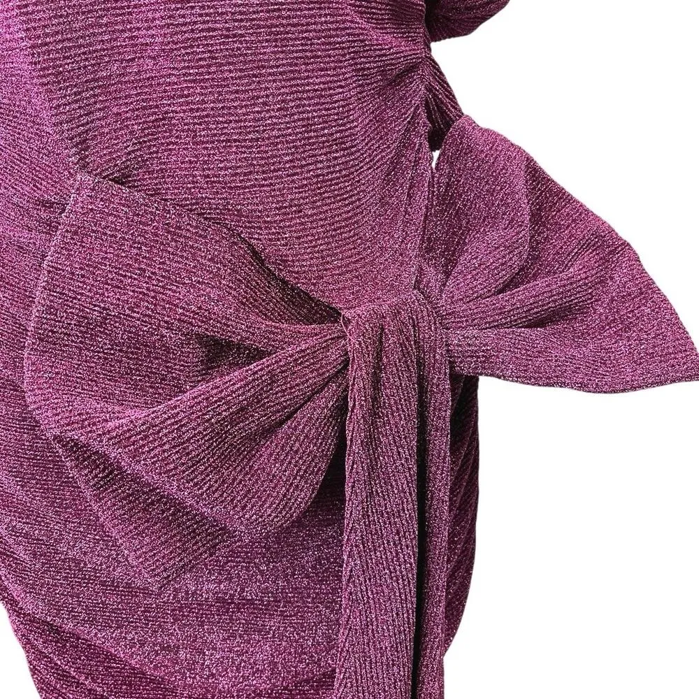 PrettyLittleThing Purple Metallic Sparkly Bow Tie Puff Sleeve Mini Dress Size 16 - Image 7