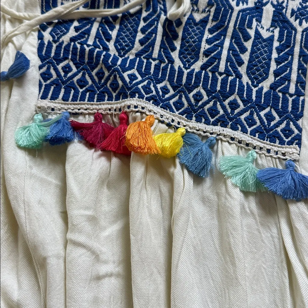 Judith March Cream dress with Blue Embroidery and Colorful Tassels - Image 11