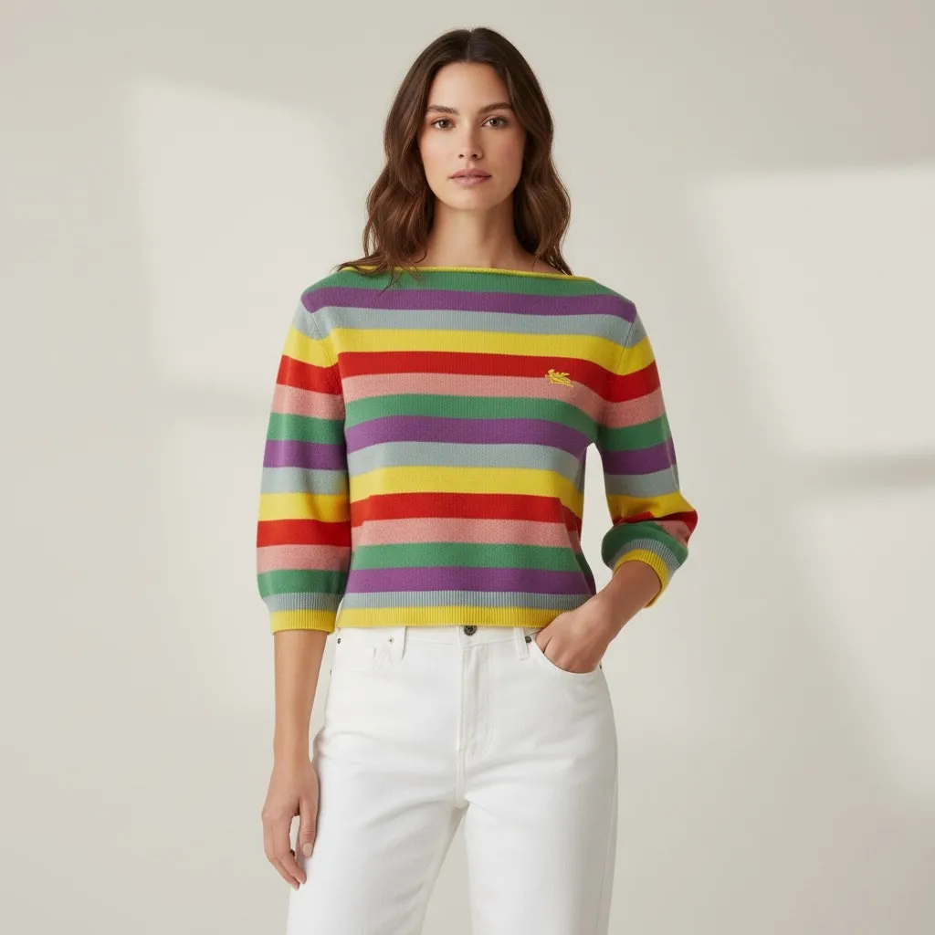Etro Cashmere Stripe Multi Colored Cropped Boat Neck Stripe Sweater Yellow - Image 6