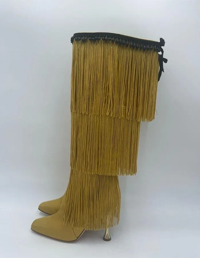 MANOLO BLAHNIK FLEQUILLOHI Yellow Satin Fringe Detail Knee High Boots 105mm - Image 5