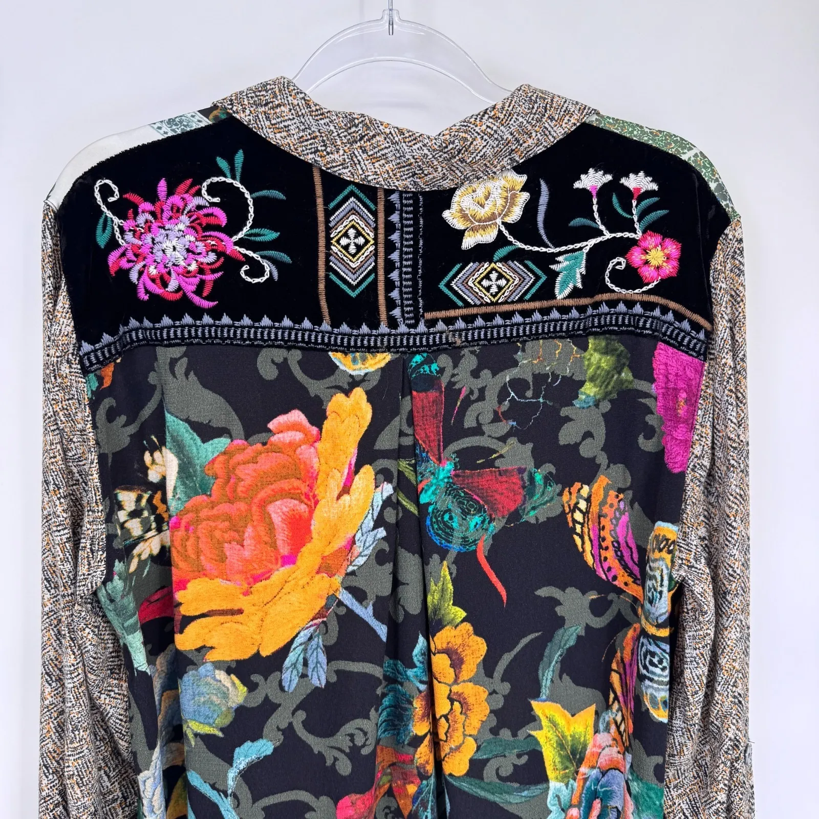 John‎ Mark Boho Button Front Shirt Womens XL Patchwork Embroidered Velvet Trim - Image 8