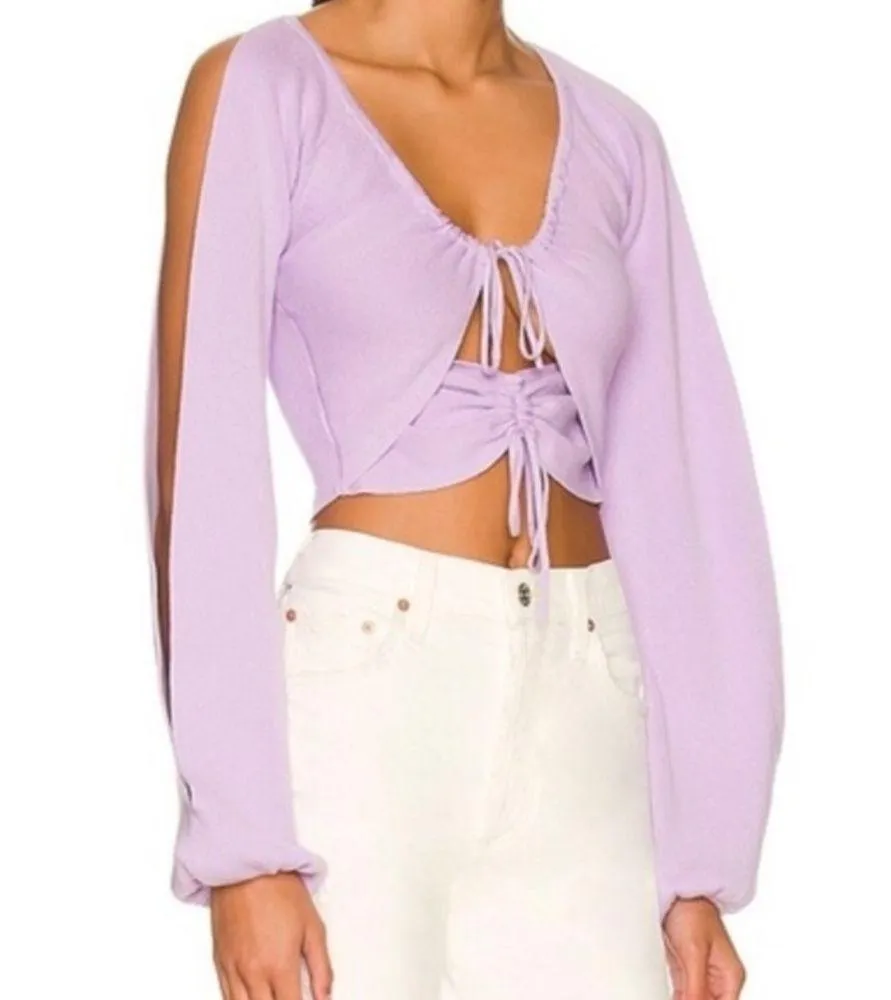 Majorelle Zowie Purple Crop Sweater Lilac Purple Revolve Small Cinch Tie Cut Out - Image 3