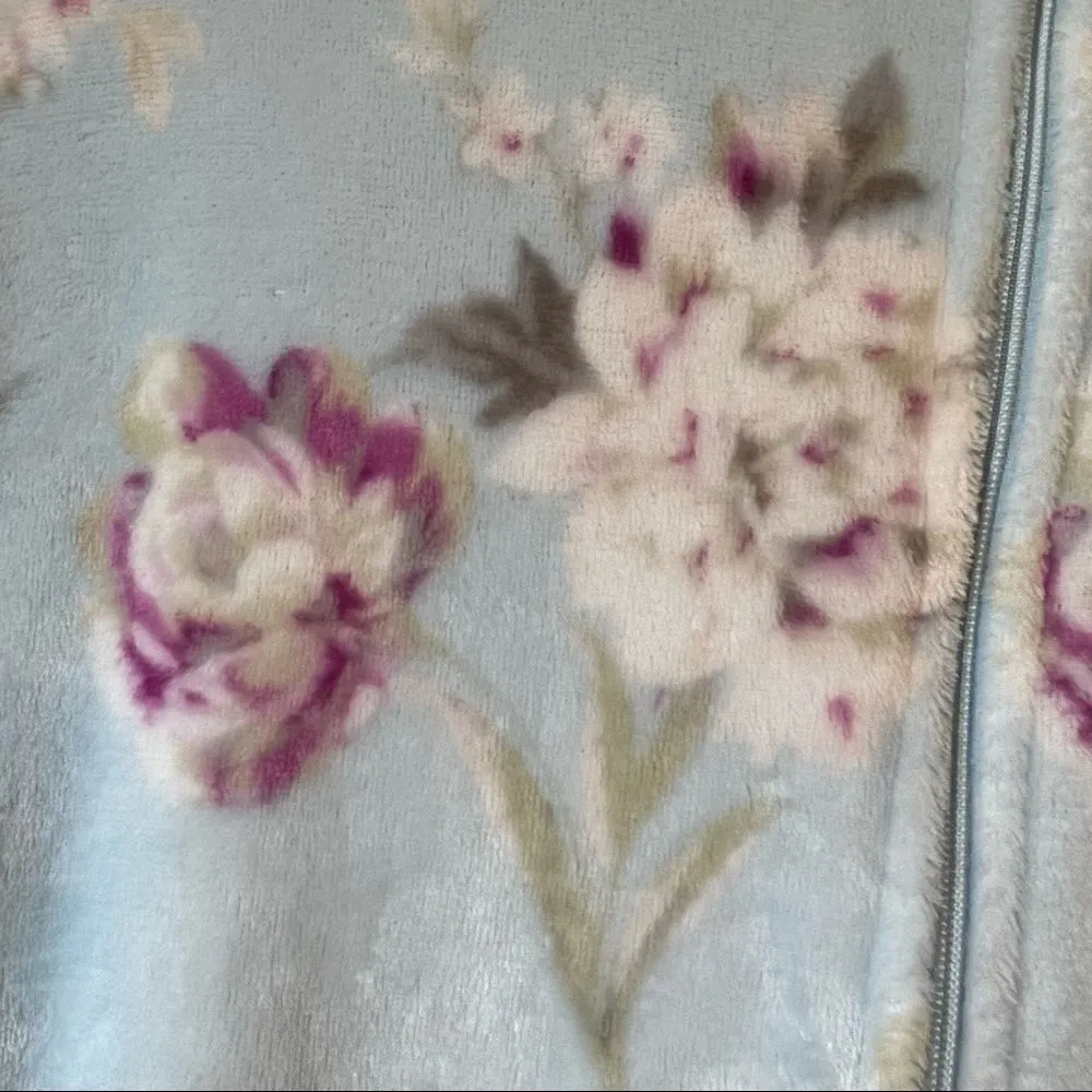 Miss Elaine Plush Floral Printed Brushed Fleece Zip Robe Blue Size M - Image 8