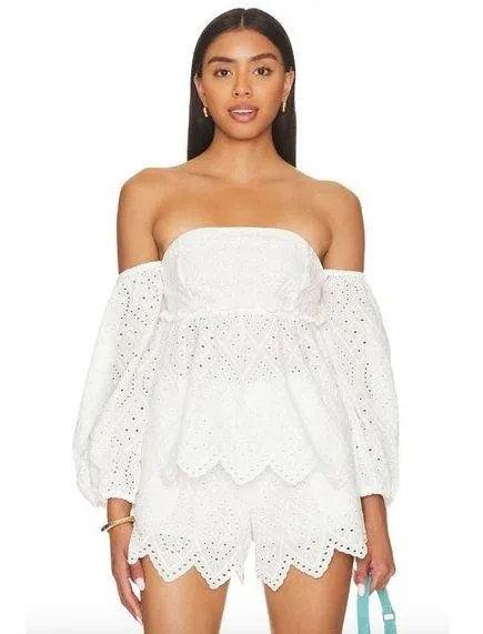 MISA Los Angeles Sera Off The Shoulder Scalloped Eyelet Top White Womens Size M - Image 1