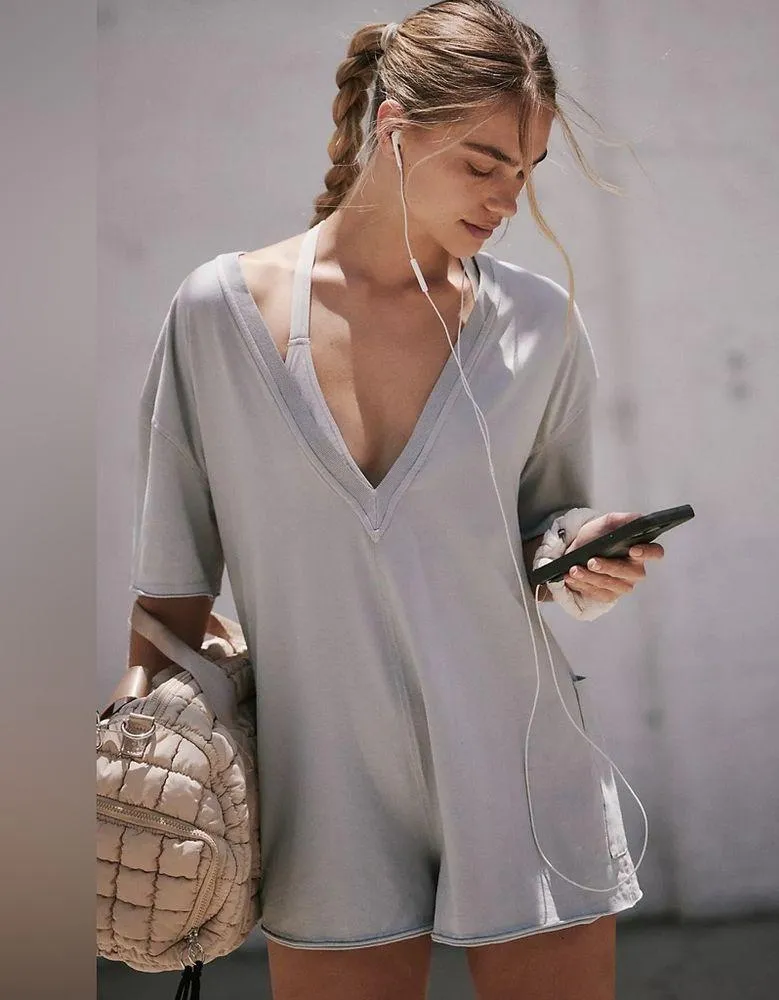 NEW! $60 FREE PEOPLE Movement Size Small HOT SHOT TEE ROMPER ONESIE Mocha Latte - Image 5