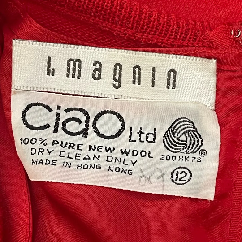 Vtg Ciao Ltd I. Magnin Red Wool Exaggerated Bow Long Sleeve Dress Size 12 - Image 9