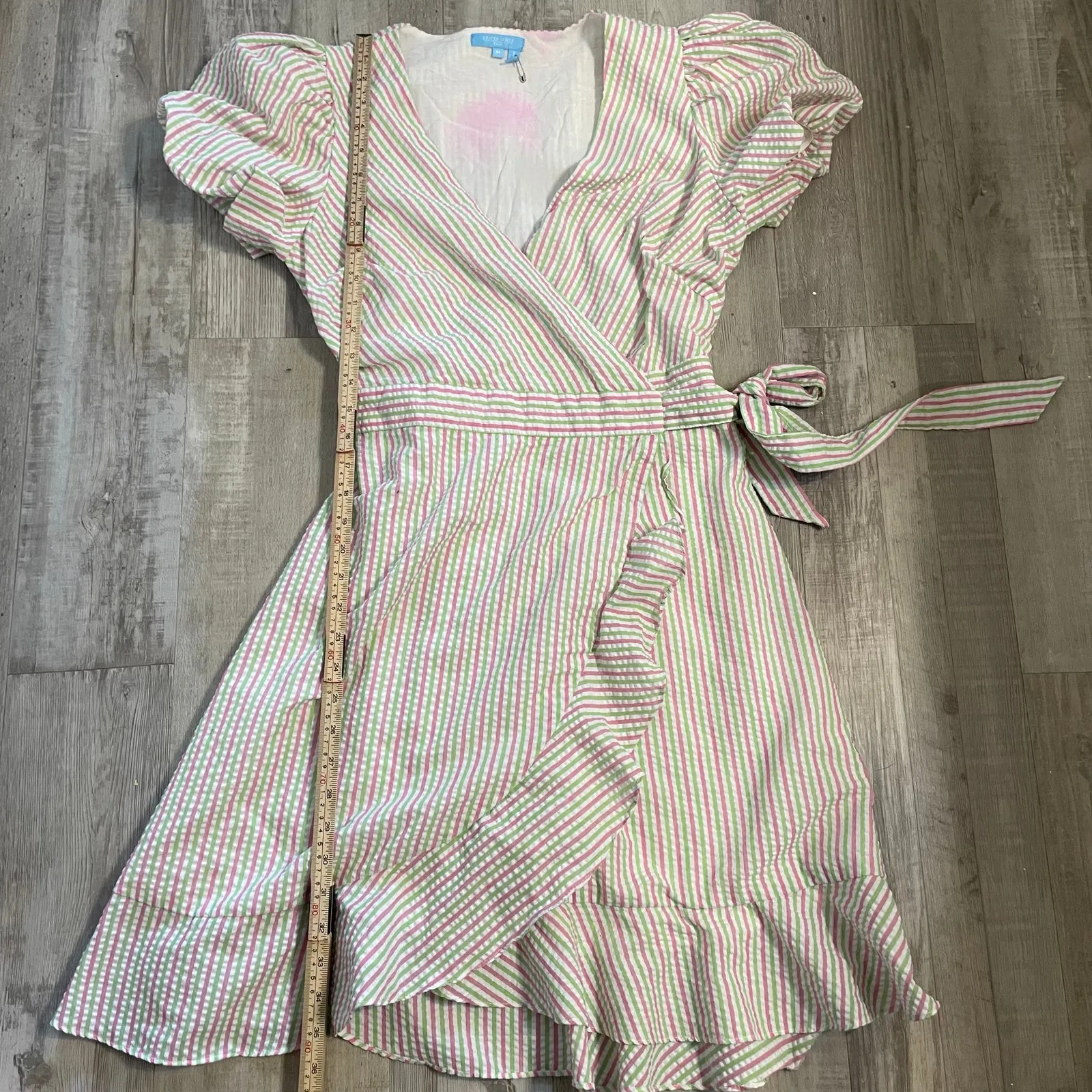 DRAPER JAMES RSVP Puff Sleeve Wrap Dress Ruffled Seersucker Striped Sz medium - Image 6