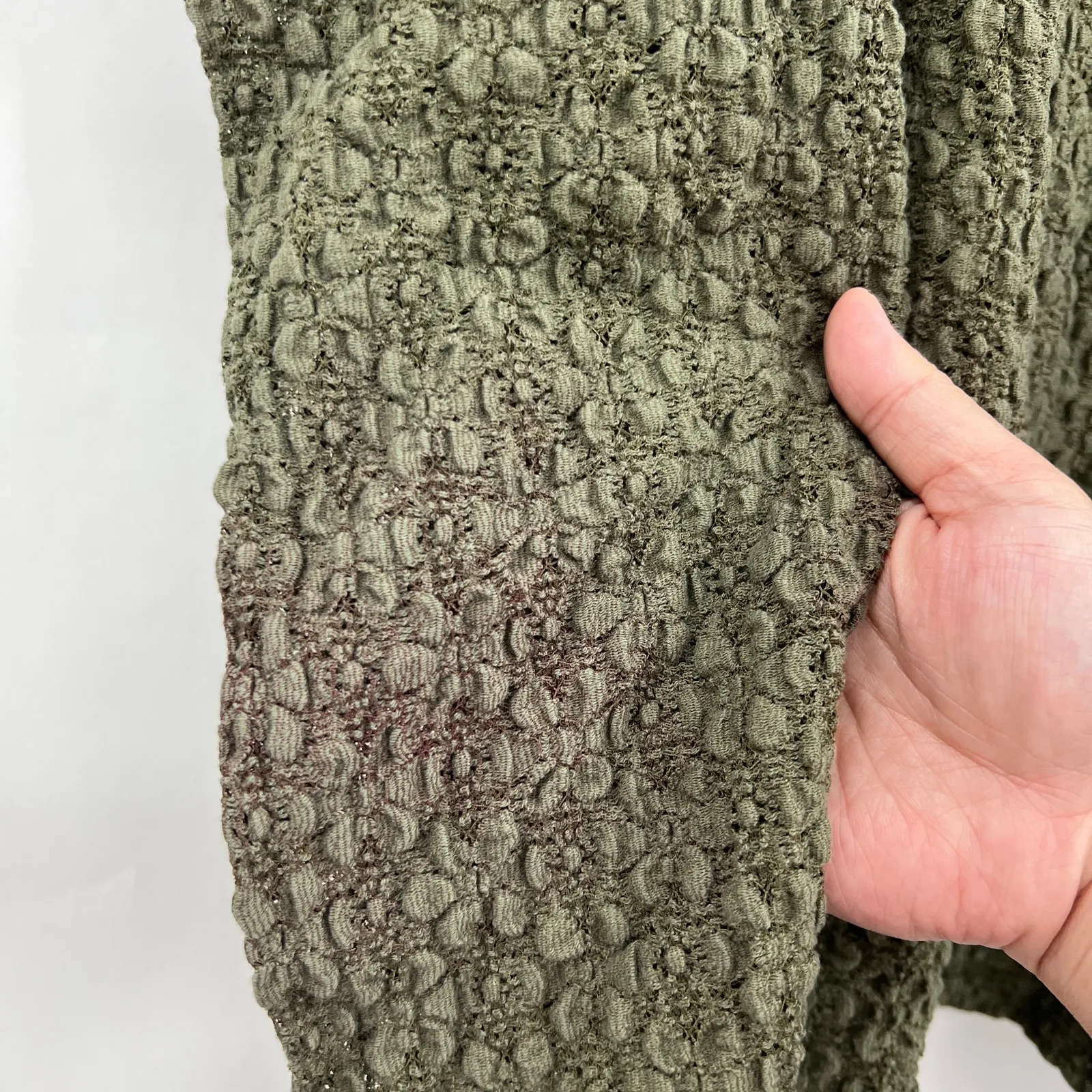 LOFT XL Olive Khaki Green Textured Top Long Puff Sleeve Sheer Stretchy Shirred - Image 6