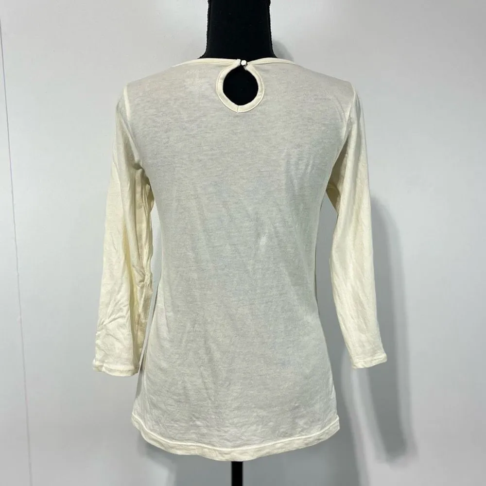 Merona Ivory Lace Overlay 3/4 Sleeve Top Women’s M Metallic Gold Shimmer Detail - Image 4