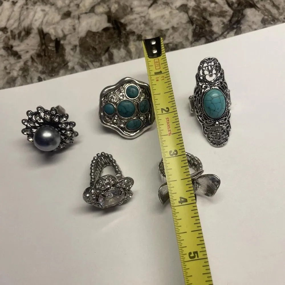 Lot Of 5 Stretchy Statement Costume Rings Some Rhinestone Silver Tone - Image 7