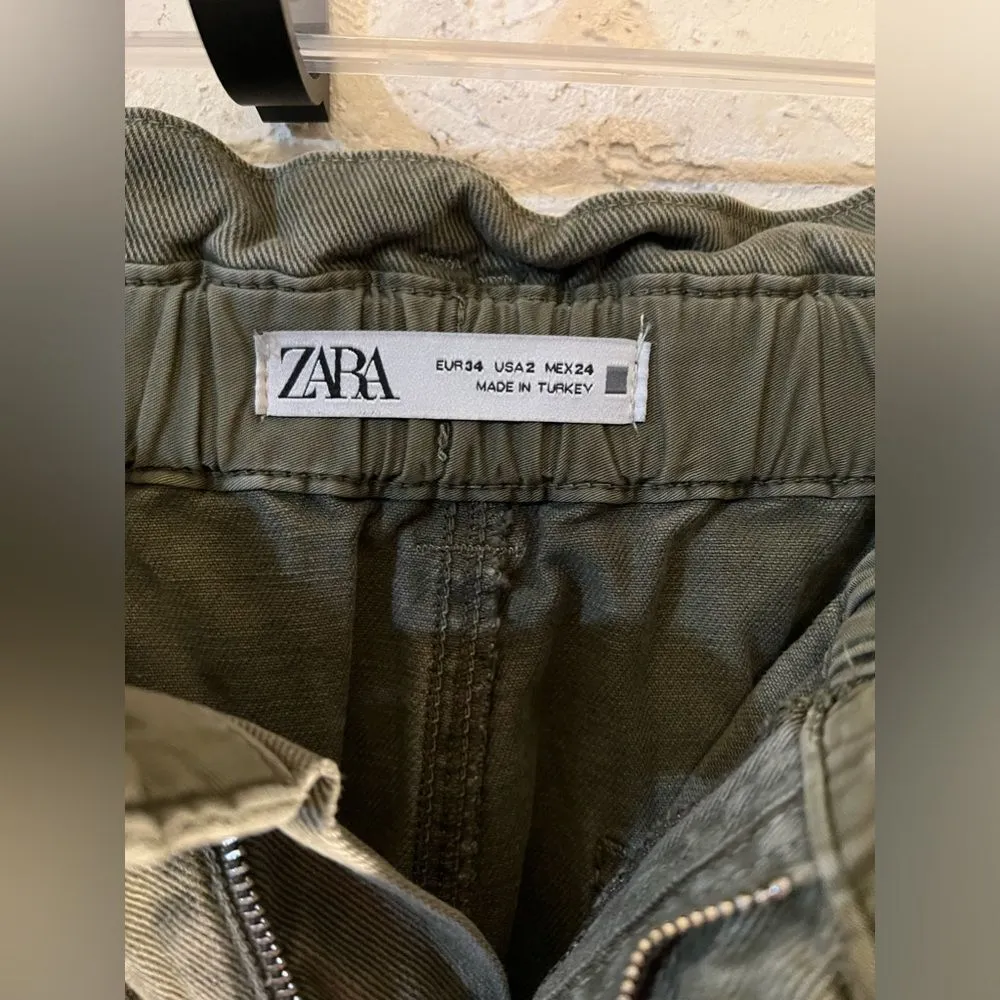 ZARA denim paper bag waist size 2 Adorable army green, baggy to slimmer ankle - Image 3