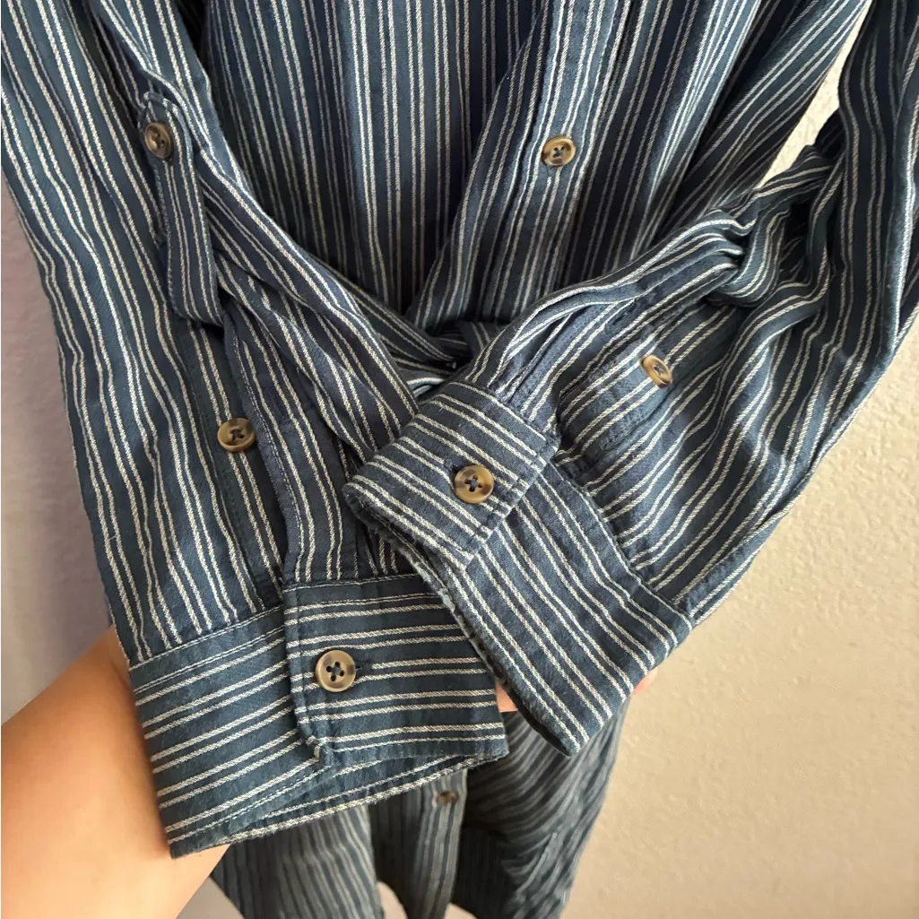 Anthropologie Linen Blend Bellamy Denim Chambray Blue Striped Shirt Dress 6 - Image 11