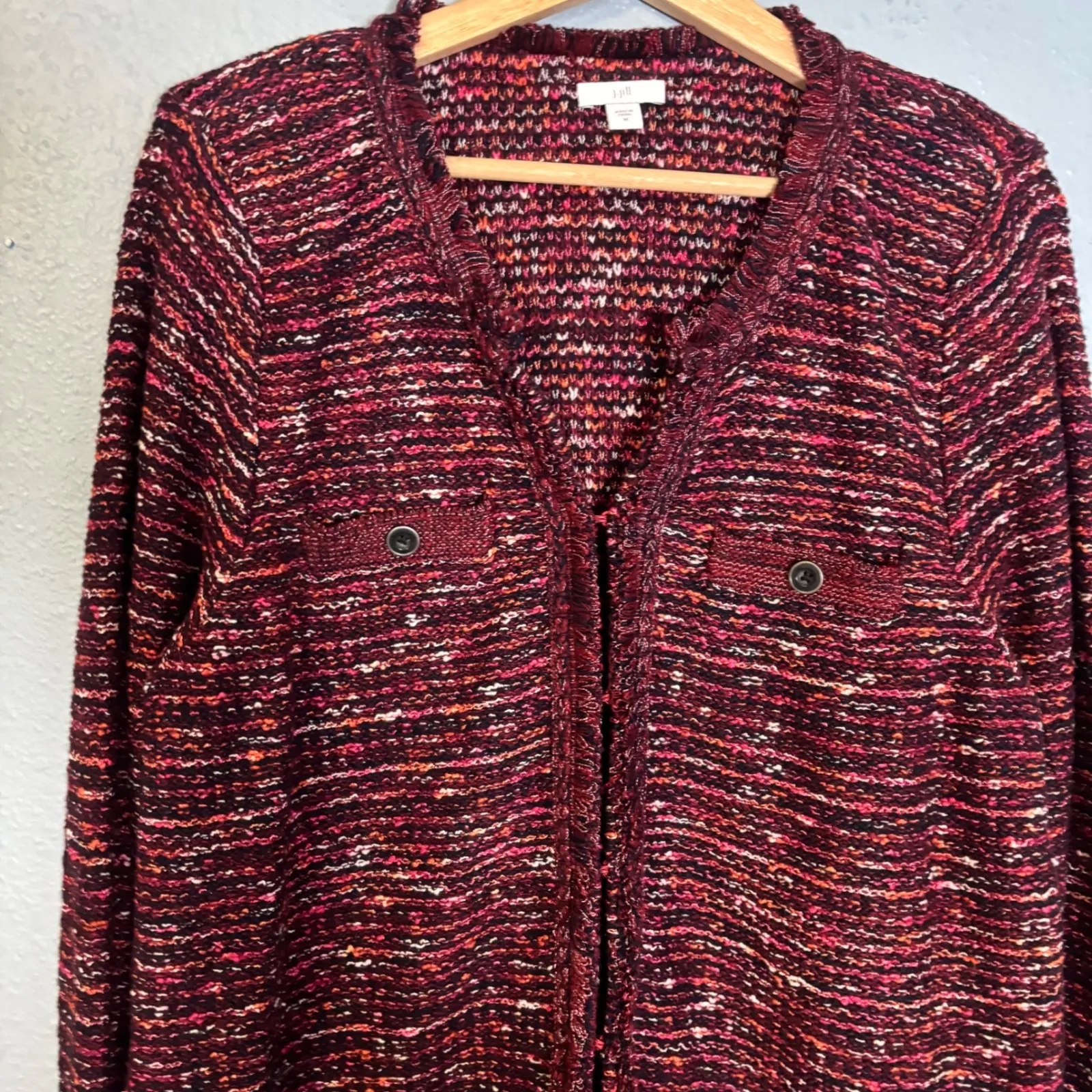J.Jill‎ Womens Tweed Knit Cardigan Sweater Maroon Pink Fringe Trim Medium Preppy - Image 3