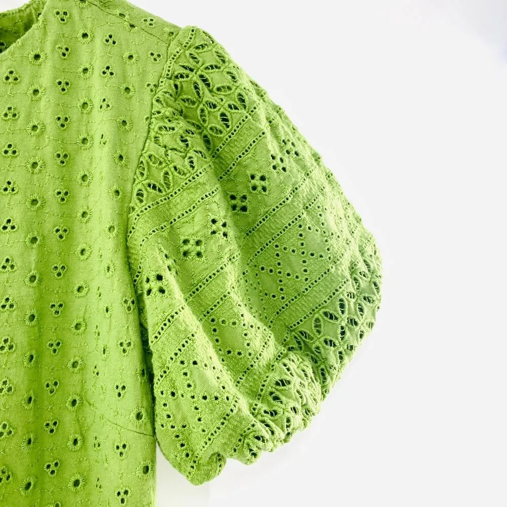 NEW Free People Apricot Eyelet Green Puff Sleeve Open Tie Back Mini Dress XS - Image 8